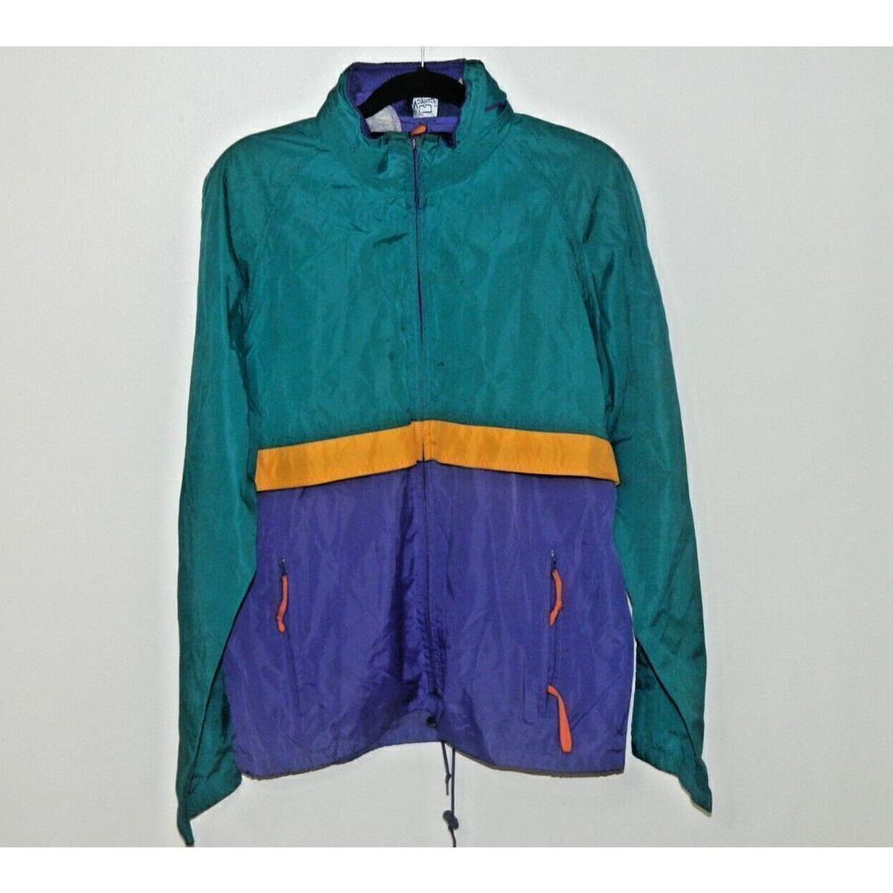 Woolrich Jacket Windbreaker Mens Size Large Colorblock Blue Vintage 80s Hood